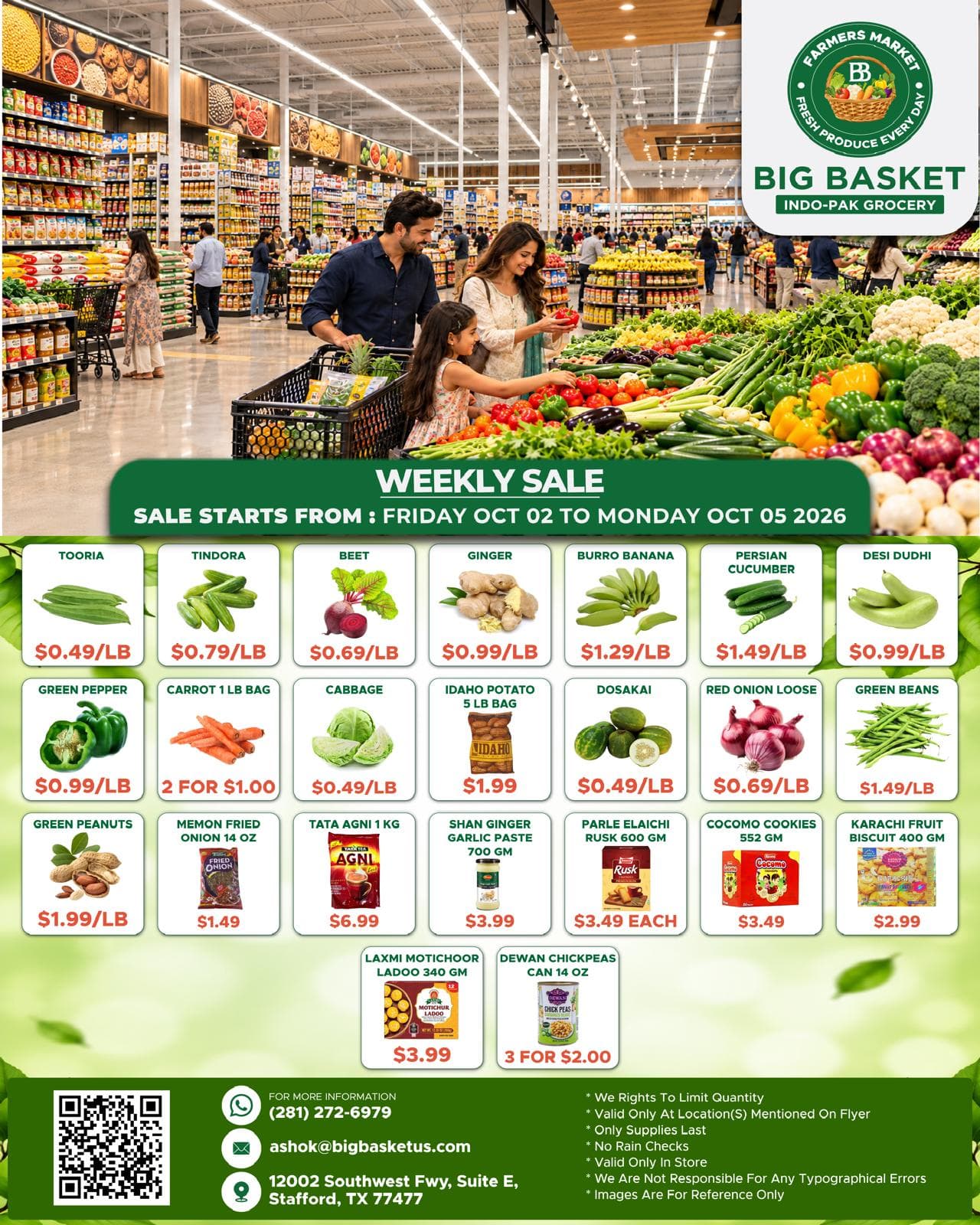 Big Basket weekly sale flyer, Friday Oct 2 to Monday Oct 5 2026: tooria, tindora, beet, ginger, green pepper, cabbage, onions, potatoes and pantry deals